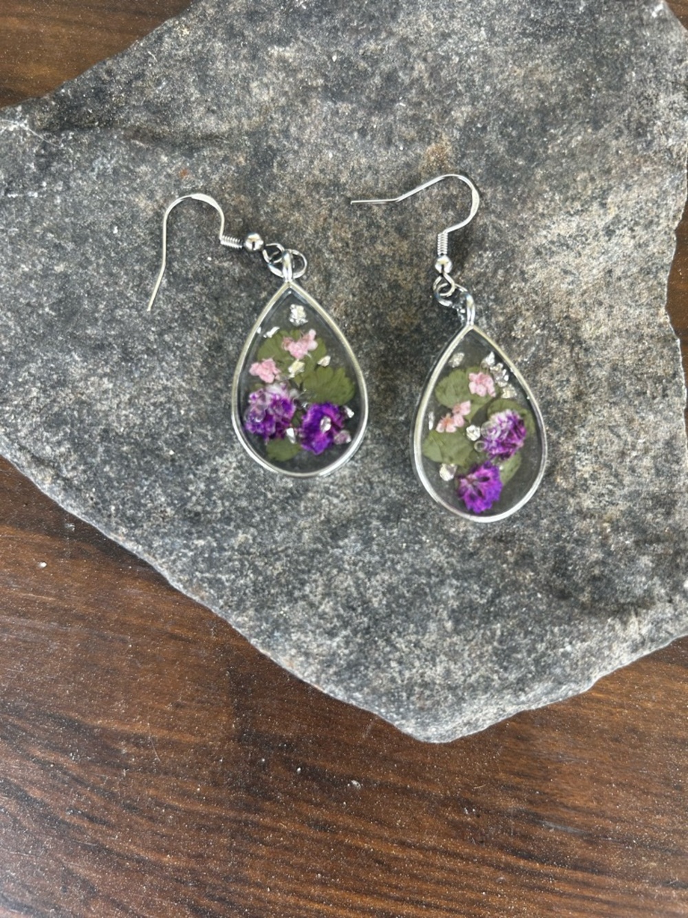 Hand Crafted Purple and Pink Floral Teardrop Earrings